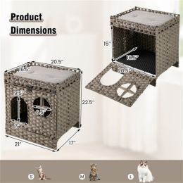 2-Tier Wicker Cat Condo With Litter Mat - Hidden Litter Box Enclosure, Detachable Washable Cushion, Gray Rattan (Option: Gray)